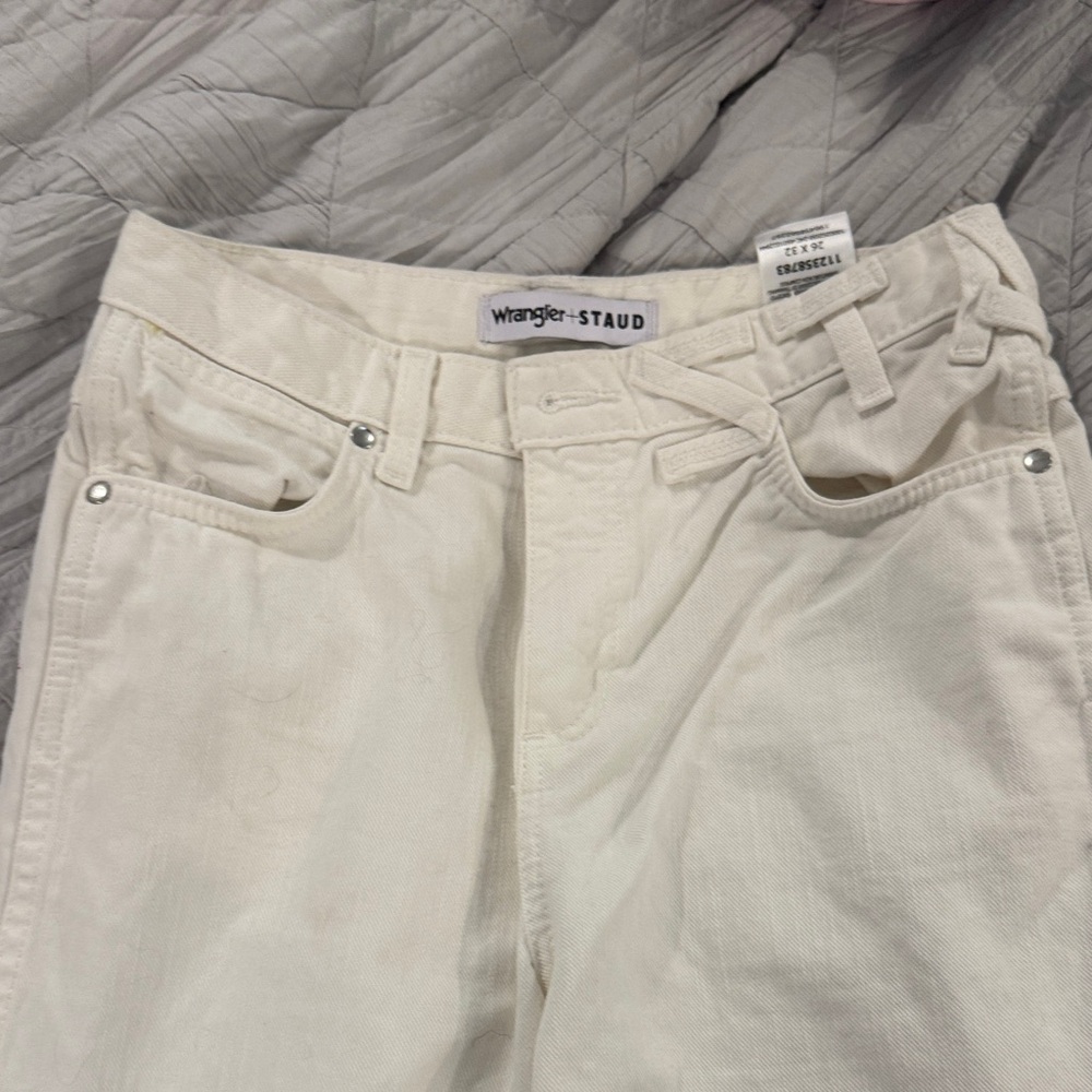 STAUD Wrangler Collaboration Wide Leg Jeans in Off-White